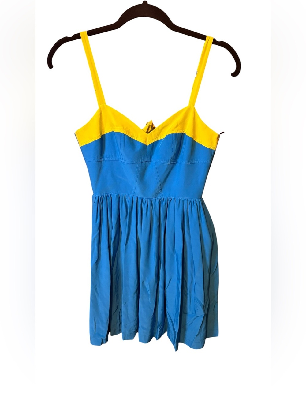 AMANDA UPRICHARD Silk Colorblock Mini Dress Blue Yellow Tie Back Small Coastal